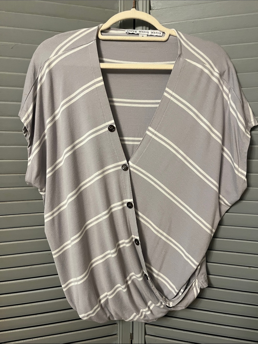 HYFVE Gray Wrap Style Top, White Stripes, V-Neck, Sleeves Drop Shoulder, Sz M